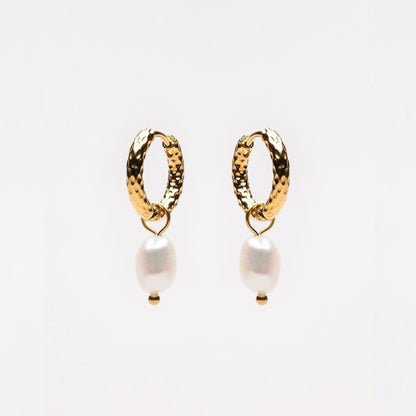 Hammered Pearl Hoop Earrings